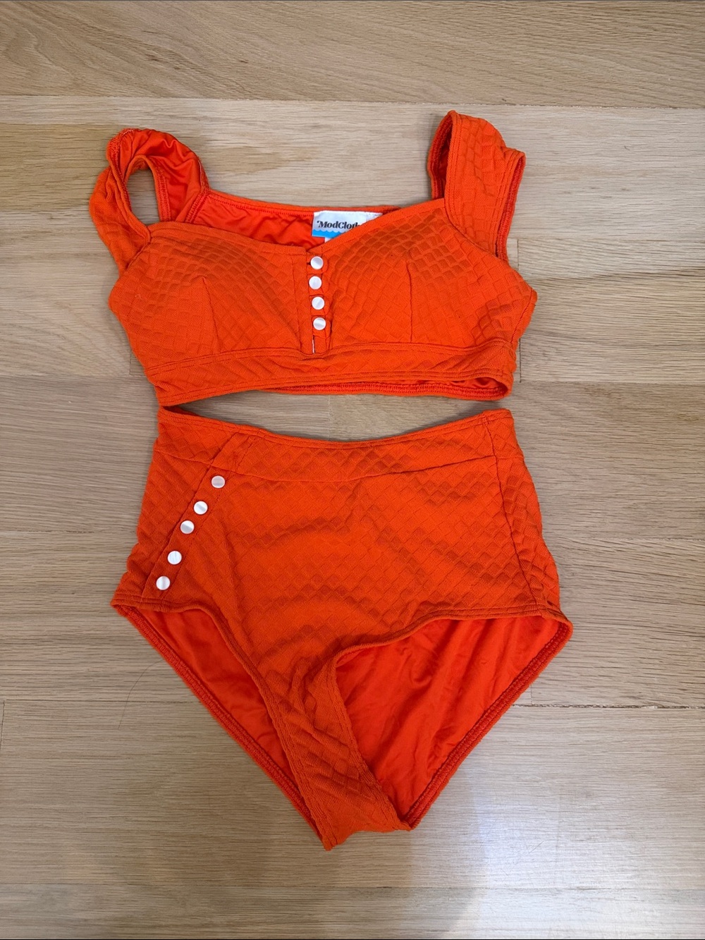 ModCloth Bright Orange Two-Piece High-Waist Swim Set